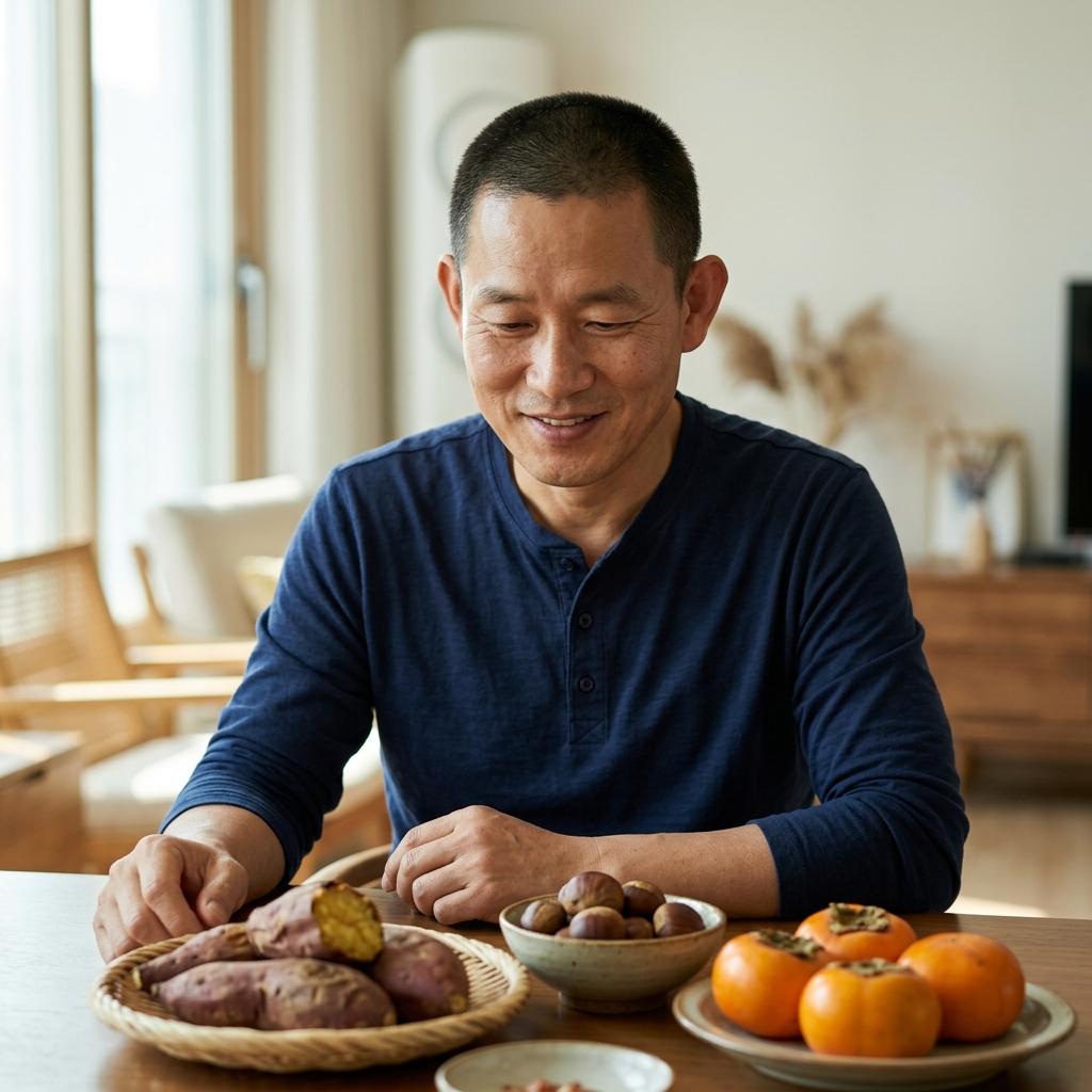 식탁 위에 놓인 군고구마와 밤, 감 등 가을 제철 간식을 바라보는 중년 남성의 모습