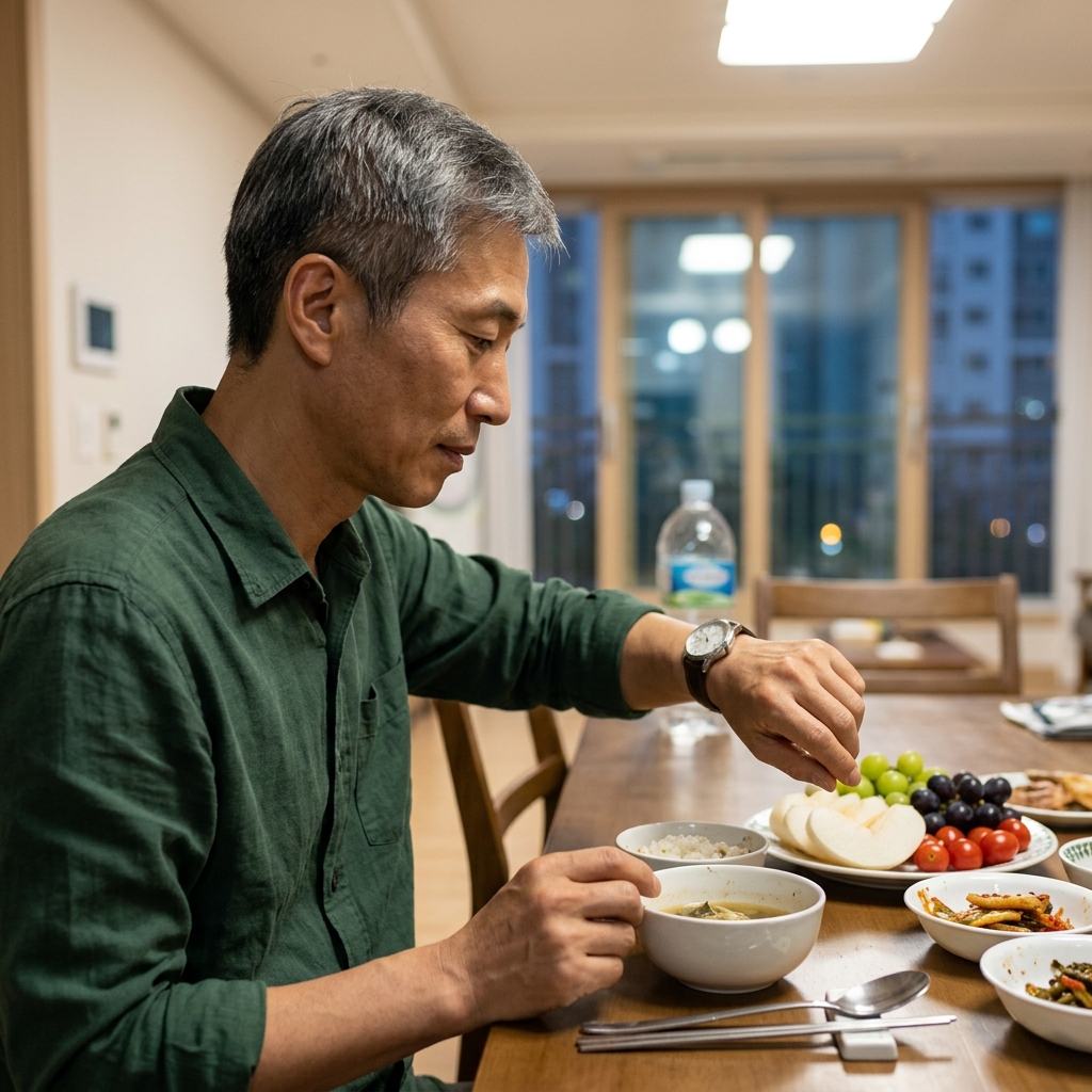 저녁 식탁에서 과일 접시를 앞에 두고 시계를 확인하는 중년 여성