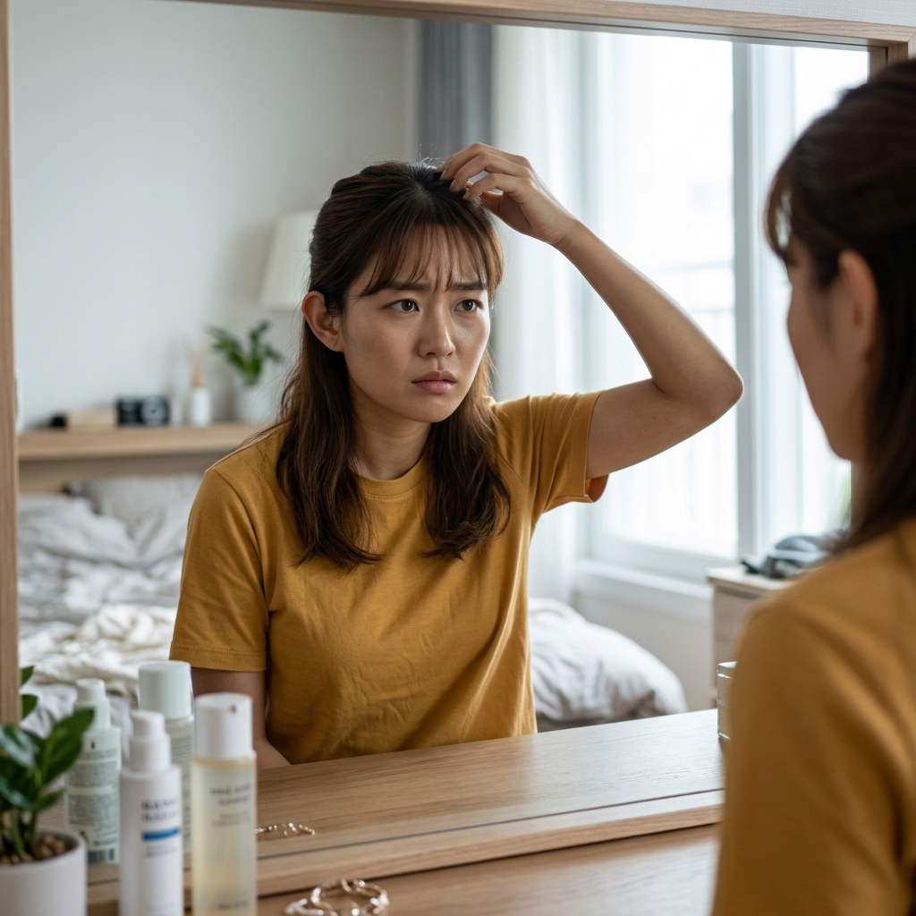 20대 여성이 거울 앞에서 머리카락을 만지며 걱정스러운 표정을 짓고 있는 모습
