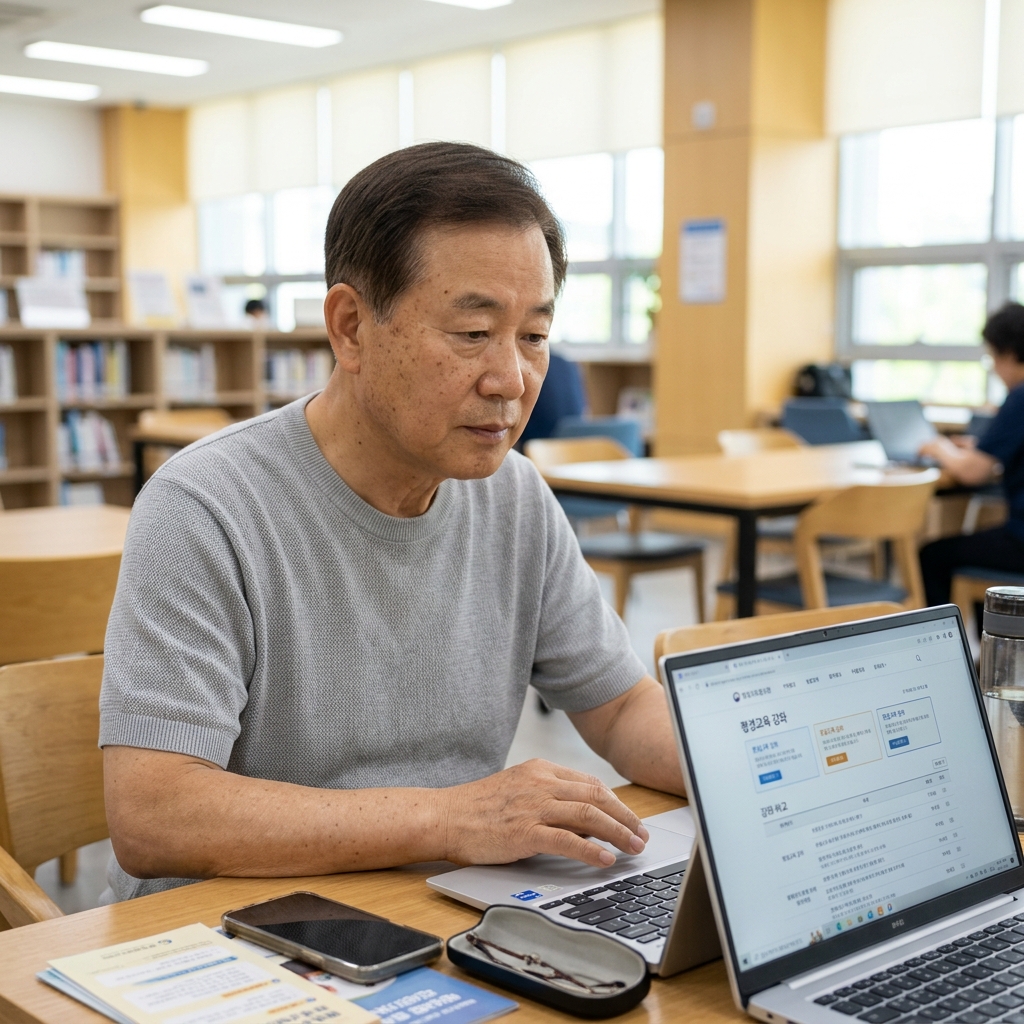 60대 한국인 여성이 노트북 앞에서 평생교육 강좌 안내 화면을 살펴보며 비교하는 모습, 실내 밝은 조명