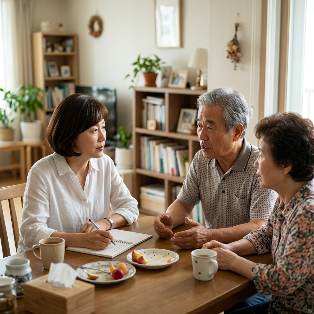 중년 한국인 가족이 집안 식탁에서 노트에 메모를 적으며 부모님과 대화하는 모습, 따뜻한 실내 조명, 안정적인 분위기