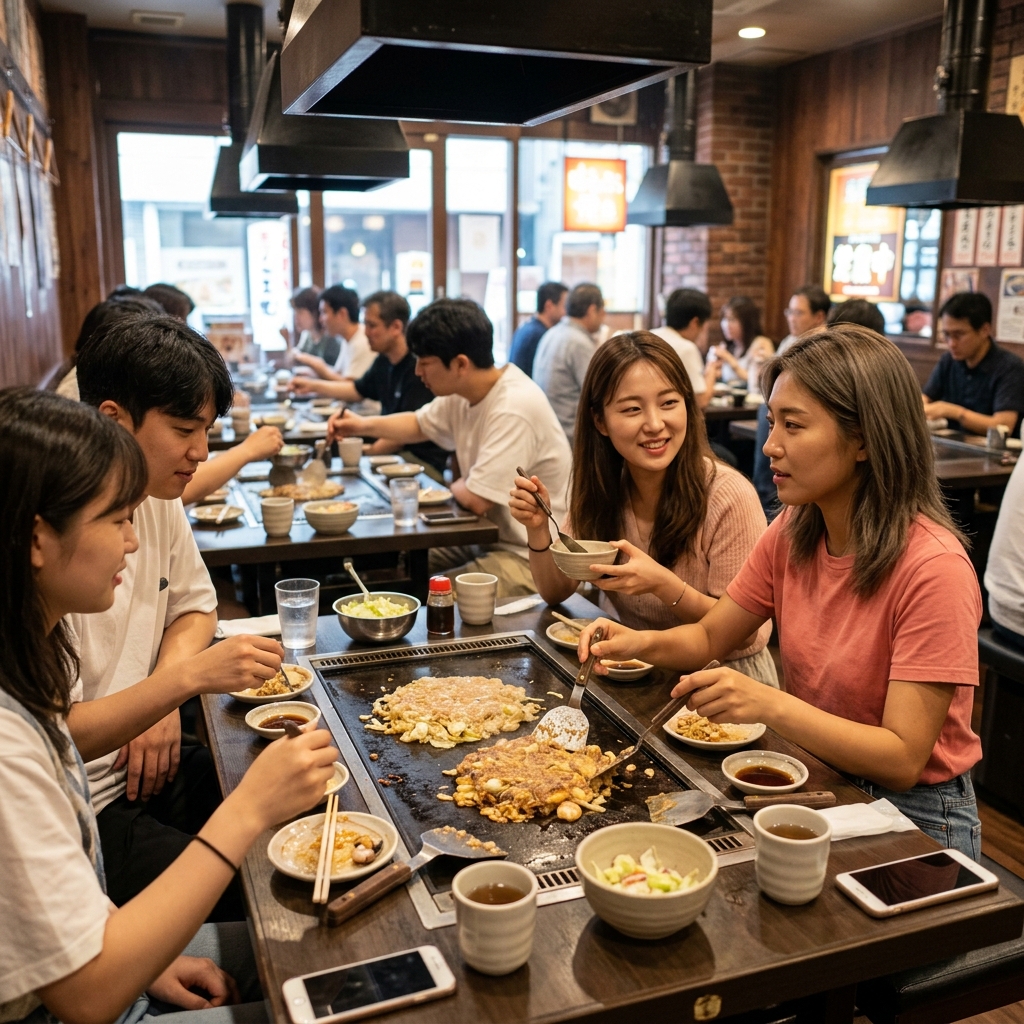 도쿄 몬자야끼 전문점 내부에서 철판 앞에 앉아 식사하는 손님들 모습