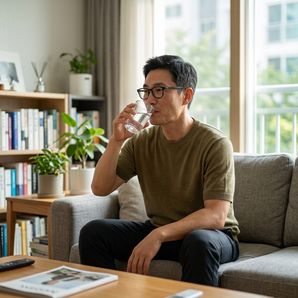 40대 남성이 거실 소파에 앉아 물잔을 들고 있는 장면, 자연광이 들어오는 실내