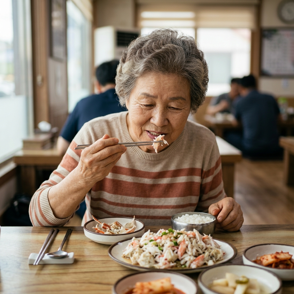 부드러운 게살 요리를 드시는 어르신