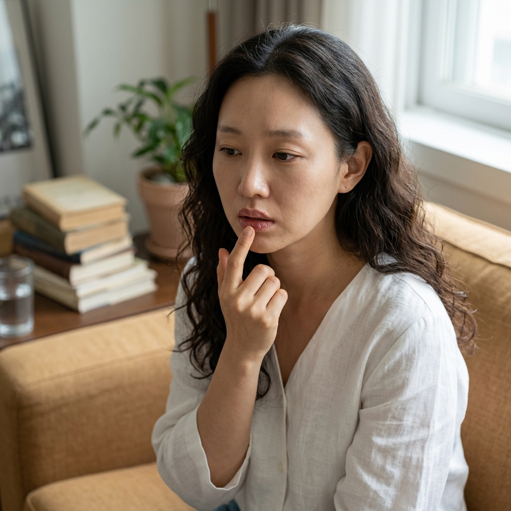 입술 갈라짐을 신경 쓰며 손가락으로 만지는 중장년 여성의 모습, 실내 자연광