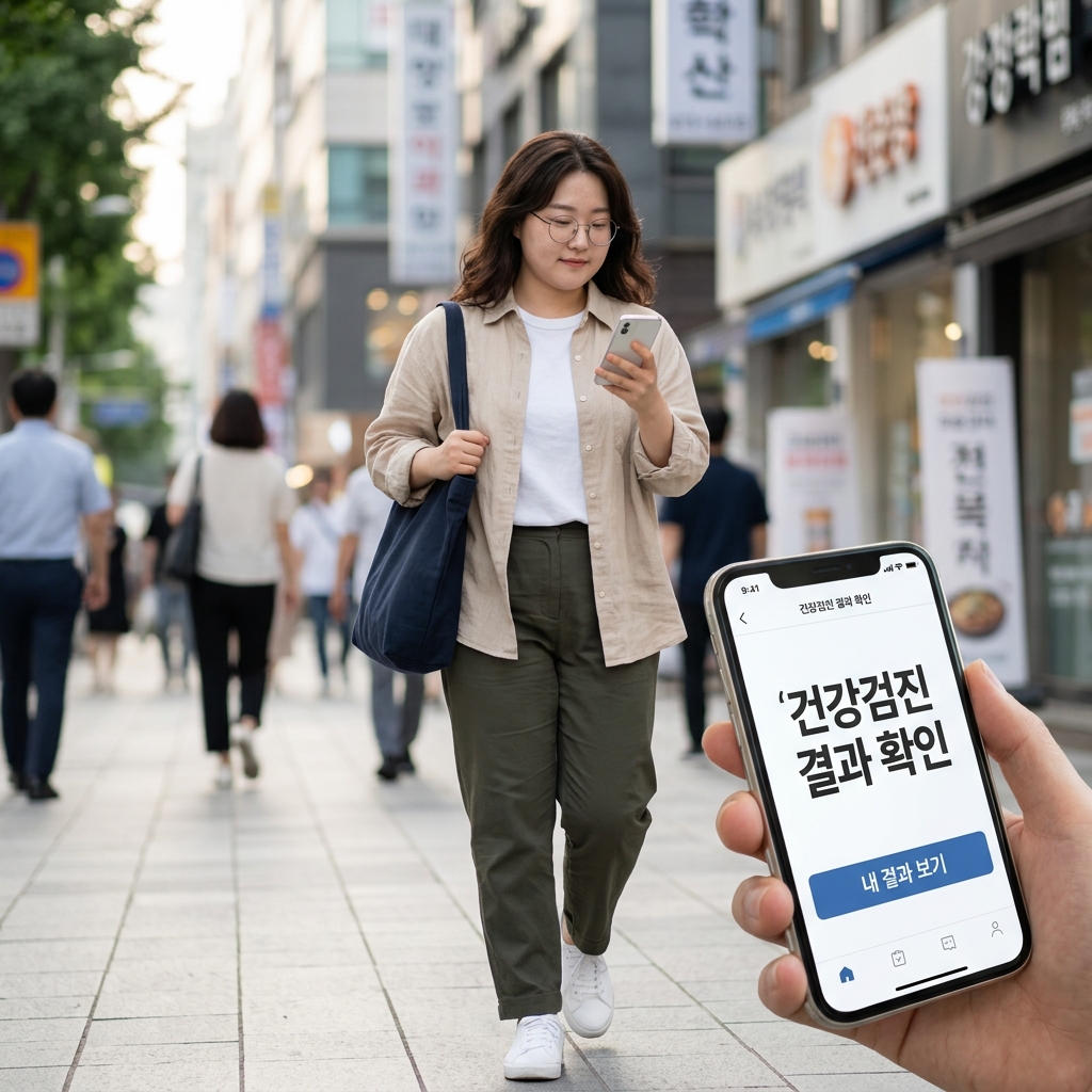 20대 청년이 스마트폰으로 건강검진 앱을 확인하며 걷고 있는 모습, 도심 거리 배경