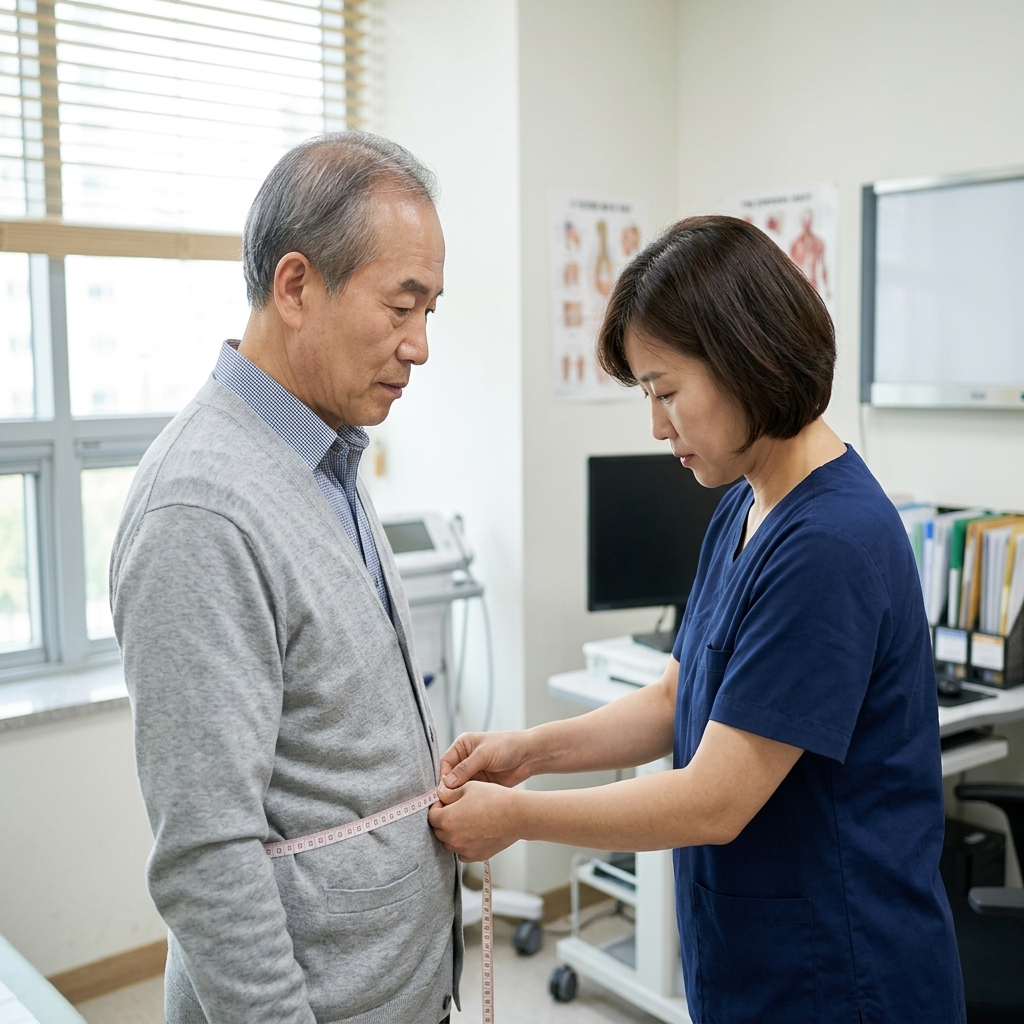병원 상담실에서 의료진과 복부 둘레 측정 결과를 확인하는 65세 한국인 여성, 가벼운 카디건 착용