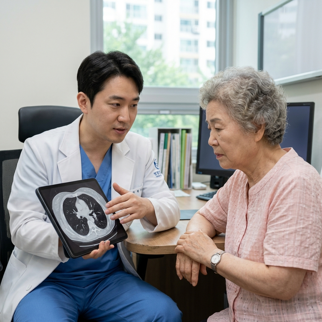 밝은 진료실에서 의사가 태블릿으로 흉부 CT 이미지를 보여주며 설명하는 모습, 70대 한국인 여성이 반팔 블라우스 차림으로 듣고 있음