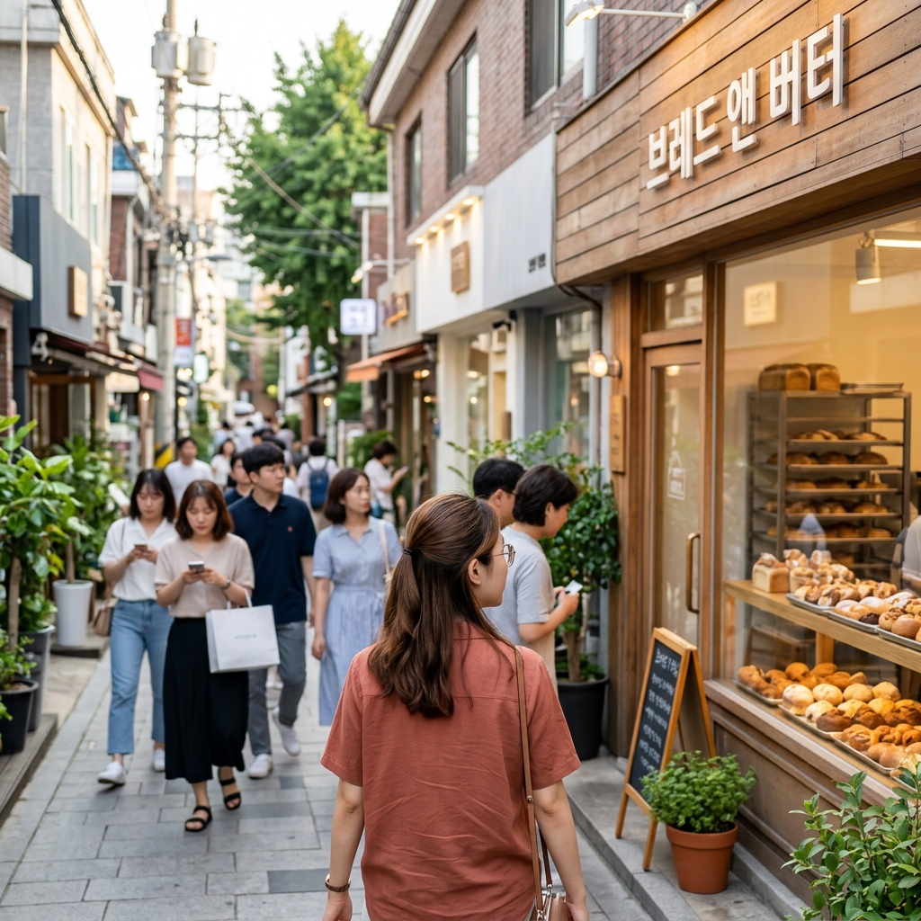 연남동 골목길을 따라 걷는 사람들과 빵집 외관