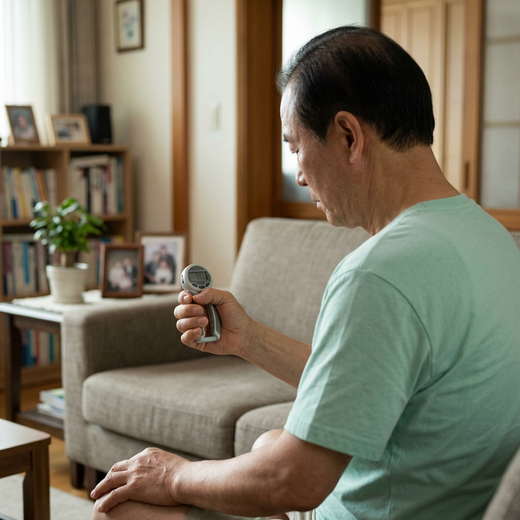 60대 남성이 거실에서 간단한 악력 측정 도구를 손에 쥐고 확인하는 장면, 차분한 실내 조명