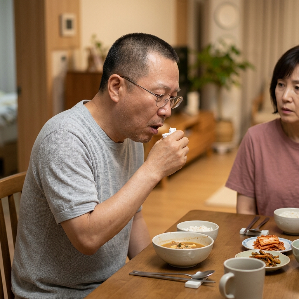70대 남성이 식사 중 기침을 하는 모습, 보호자가 옆에서 지켜보는 장면, 따뜻한 실내 조명