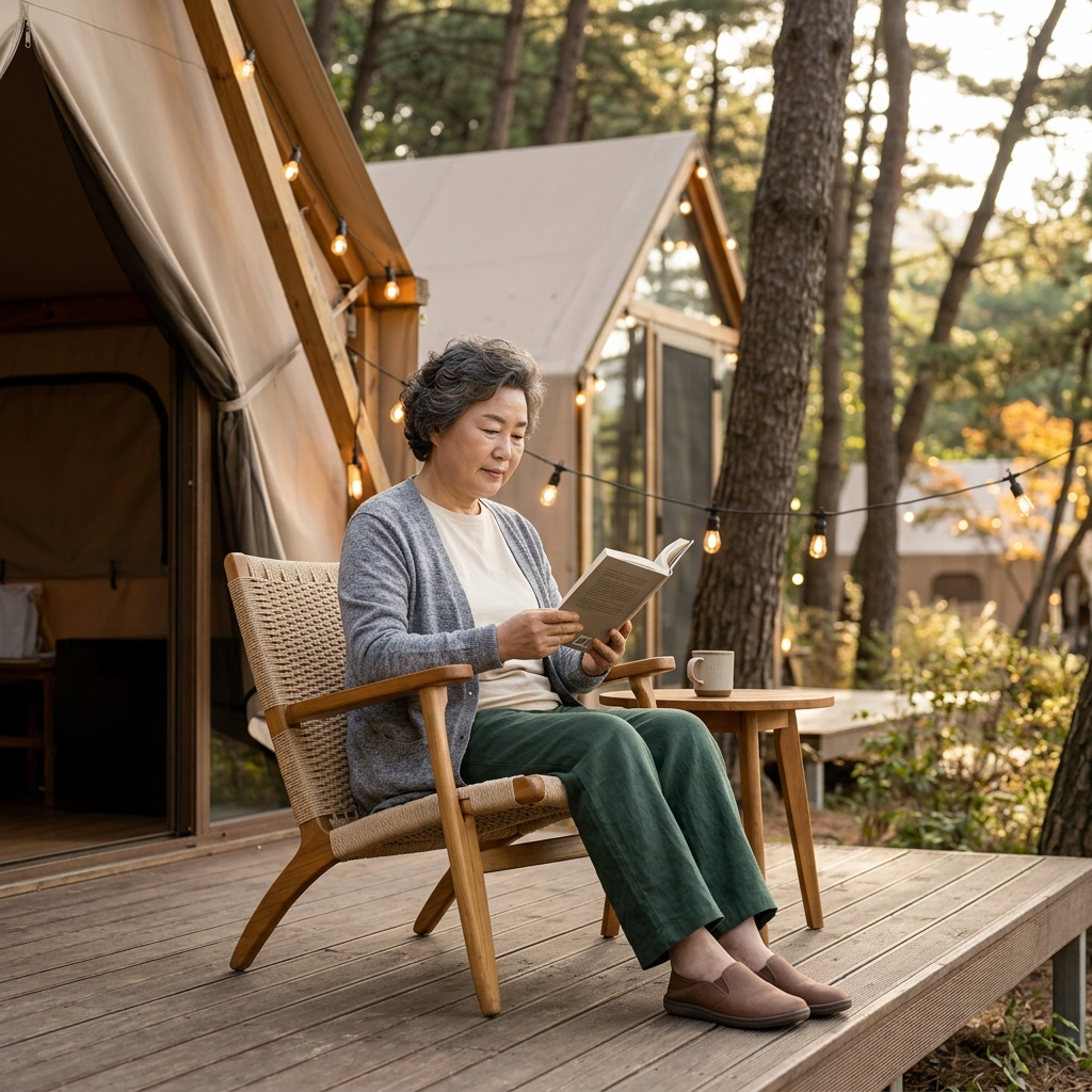 70대 여성이 글램핑 숙소 앞 의자에 앉아 책을 읽고 있는 모습, 긴팔 가디건, 주변에 나무 데크와 조명
