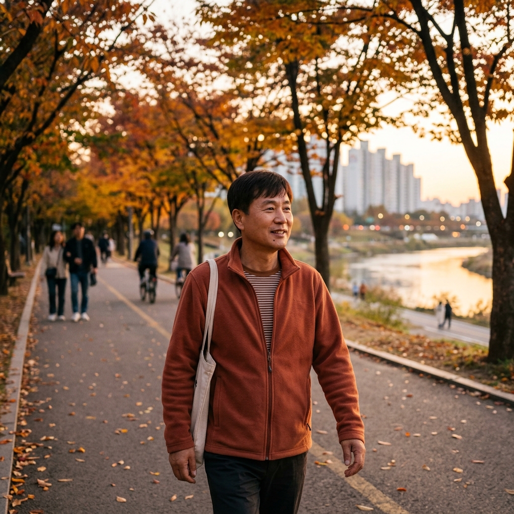 가을 저녁 산책로를 걷는 70대 한국인 남성, 긴팔 점퍼 착용, 노을빛 배경