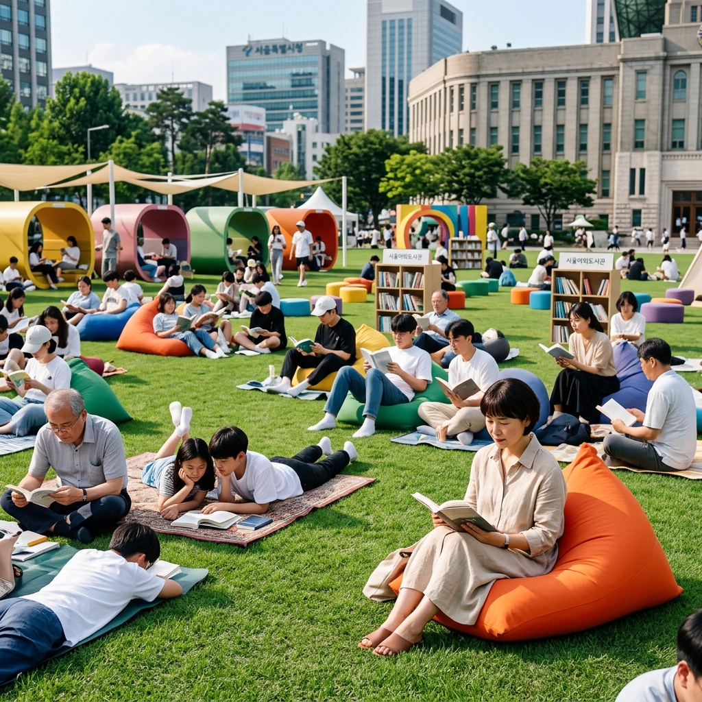 서울광장에 마련된 야외 도서관 전경과 독서하는 시민들