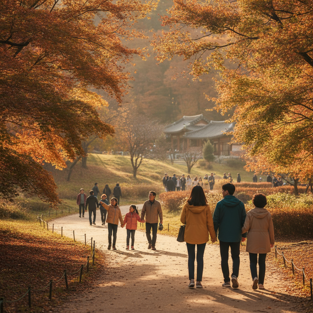 가을 햇살 아래 수목원 산책로를 걷는 사람들