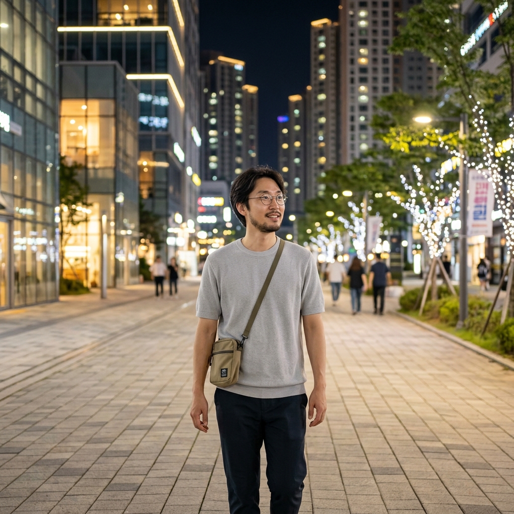 야경이 밝게 비추는 도심 산책로