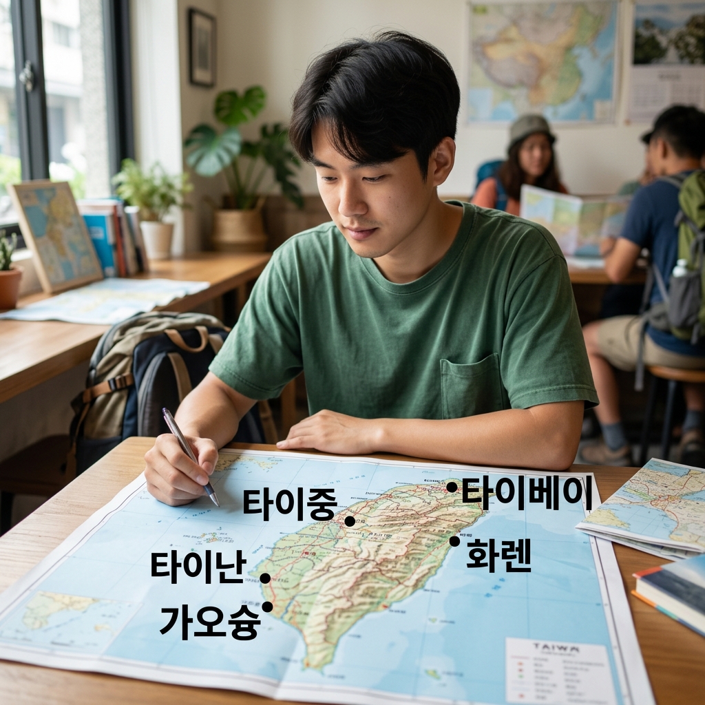 대만 지도 위 주요 도시 5곳 표시된 모습