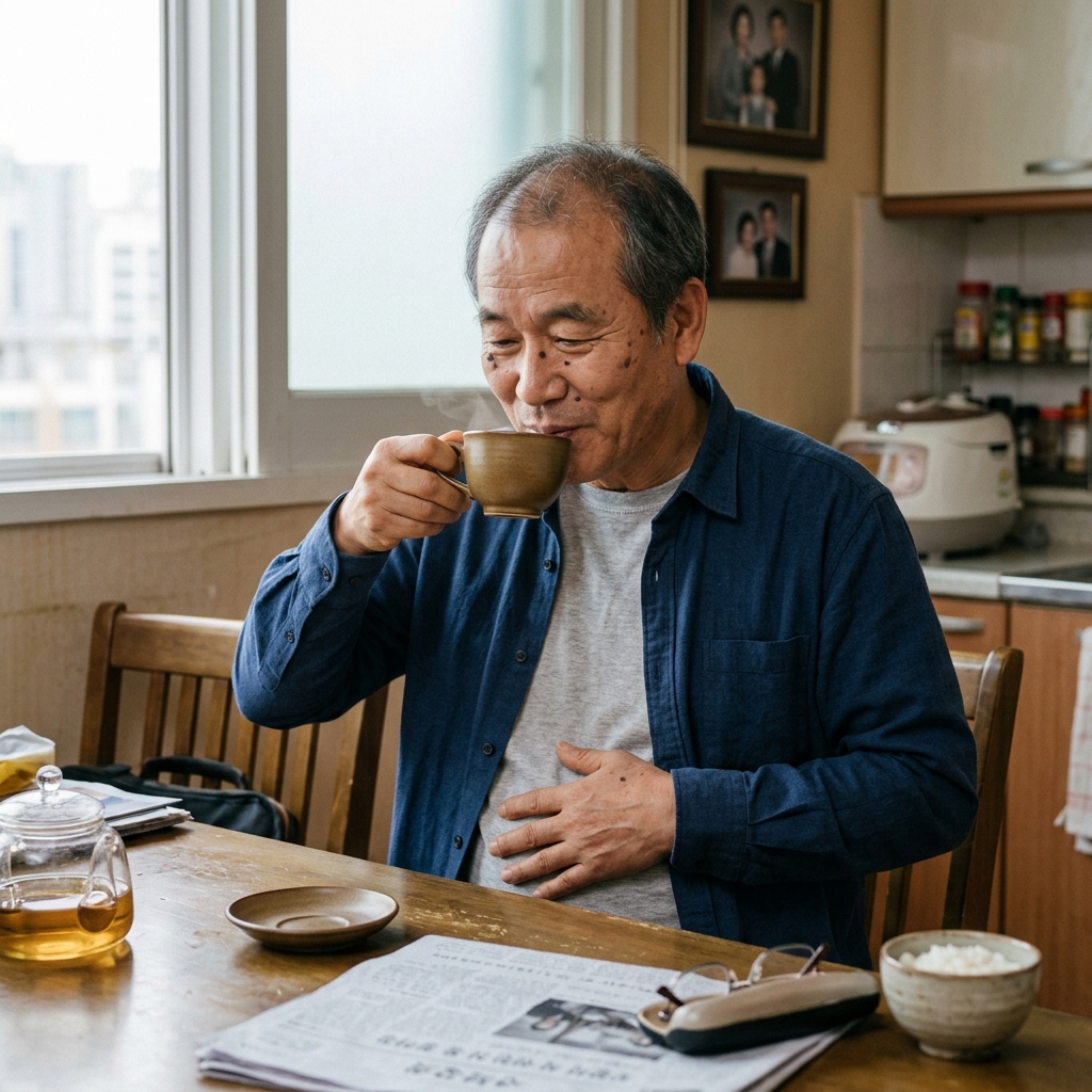 60대 남성이 실내 식탁에서 따뜻한 차를 마시며 배에 손을 얹고 있는 장면, 긴팔 셔츠와 실내복 차림