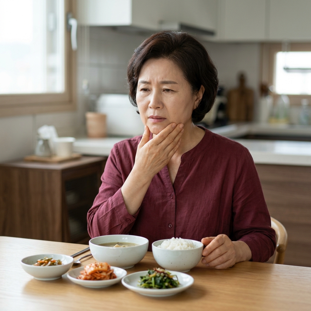 60대 여성이 식탁에 앉아 턱을 손으로 살짝 만지며 불편한 표정을 짓고 있는 모습, 앞에는 접시에 담긴 밥과 반찬이 놓여 있고 얇은 긴팔 셔츠를 입고 있다