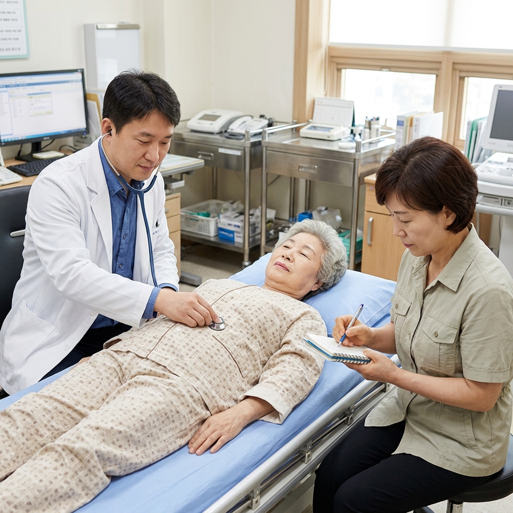병원 진료실에서 의사가 침대에 누운 70대 환자의 복부를 청진기로 진찰하고 있으며, 환자 옆에 앉은 보호자가 메모장에 증상을 적고 있는 장면
