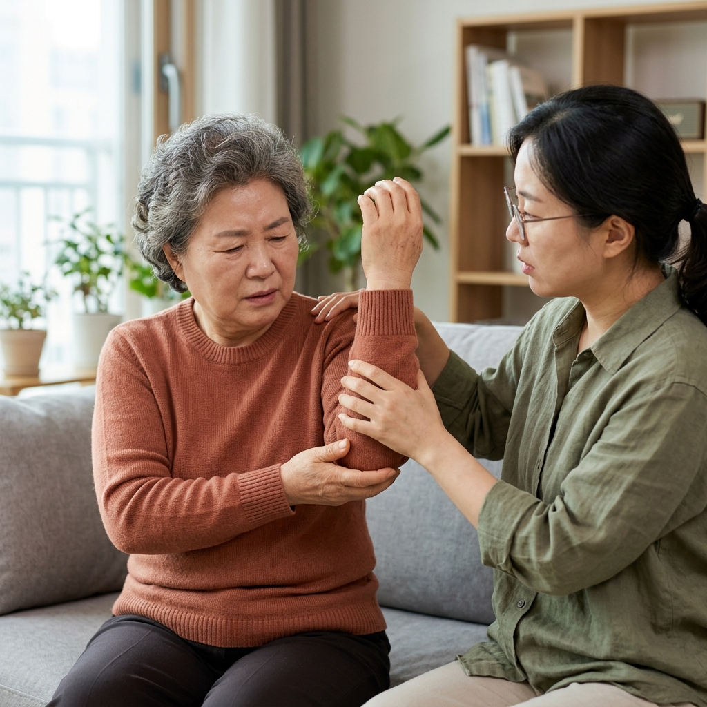 밤에 어깨 통증으로 잠 못 이루는 부모님…팔 올림 방식이 구분점