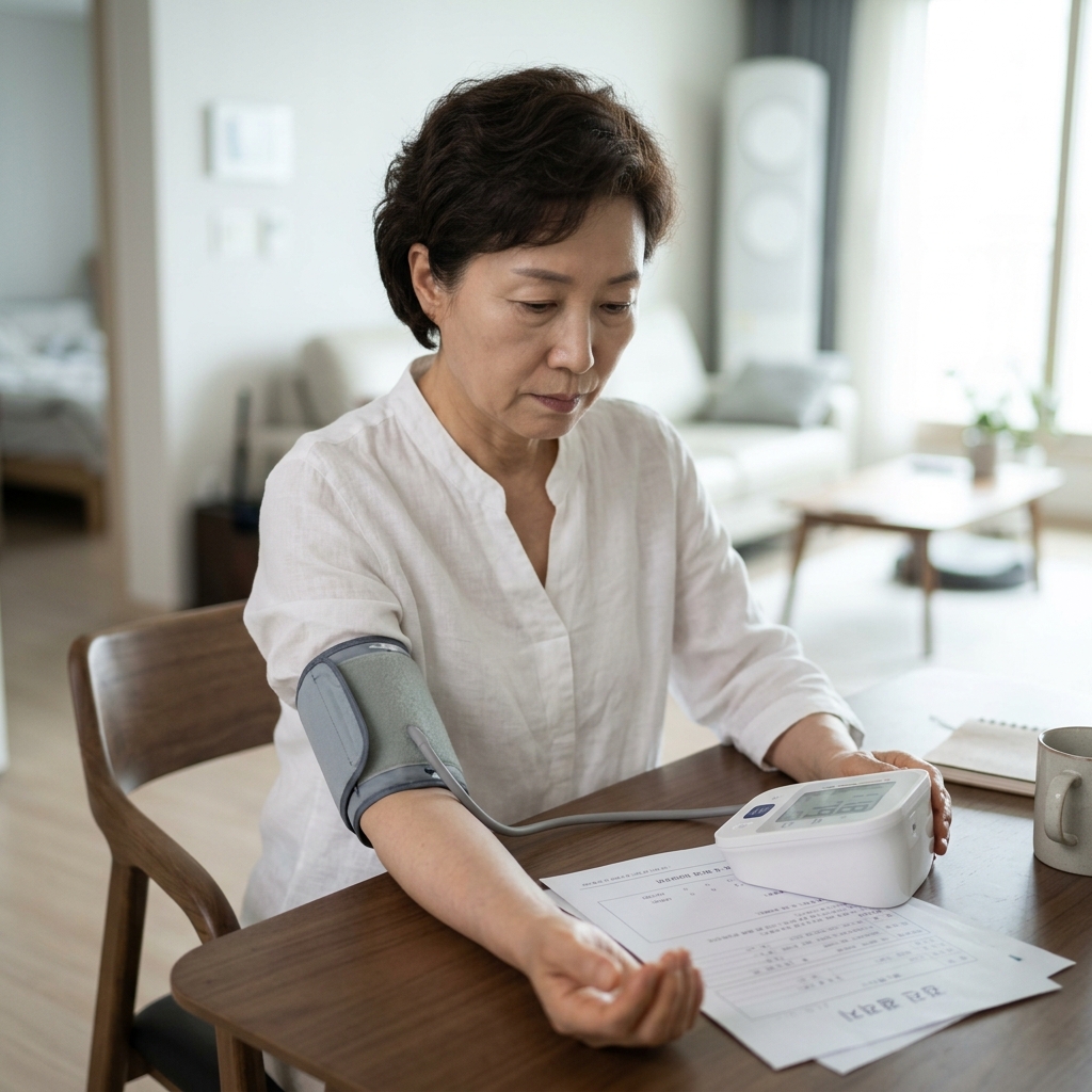 가정에서 혈압계를 팔에 감고 혈압을 재는 40대 중년의 손과 디지털 혈압계 화면, 테이블 위에 검진 결과지가 펼쳐져 있는 장면