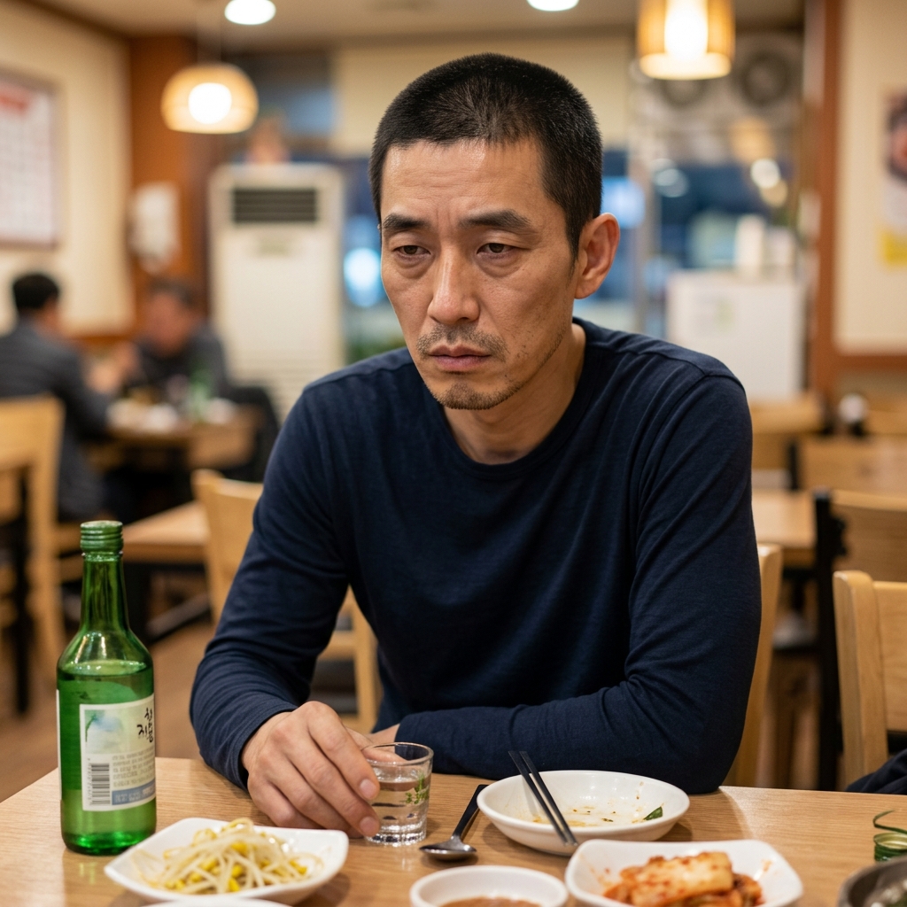 중년 남성이 저녁 식사 자리에서 소주잔을 앞에 두고 피곤한 표정으로 앉아 있는 모습, 실내 조명 아래 얇은 긴팔 셔츠 차림