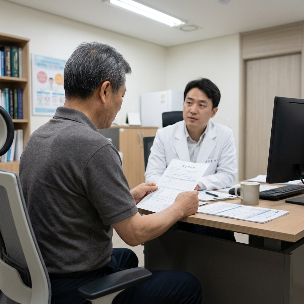 검진 결과지를 들고 의사와 상담 중인 중년 남성의 뒷모습, 진료실 책상 위 서류와 펜, 실내 형광등 아래