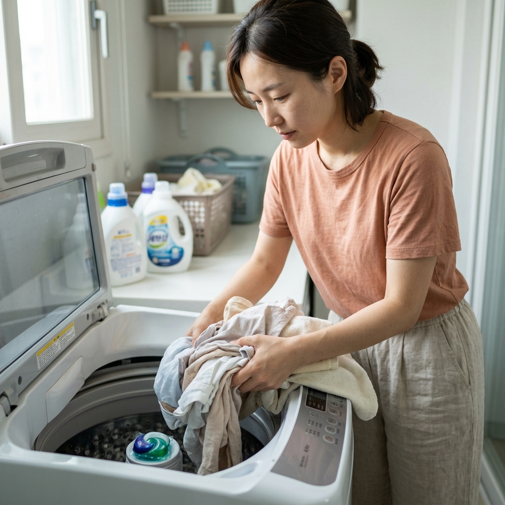 세탁조 바닥에 캡슐 세제를 먼저 넣고 그 위에 빨랫감을 넣는 장면