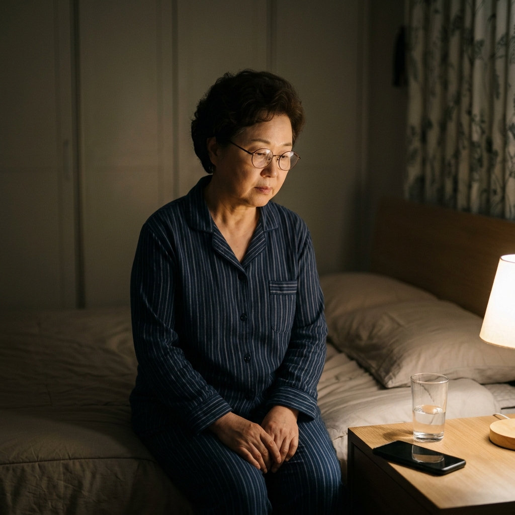 침실 침대 옆 탁자 위에 물 한 잔과 스마트폰이 놓여 있고, 어두운 조명 아래 긴팔 잠옷을 입은 60대 여성이 침대에 앉아 있는 장면