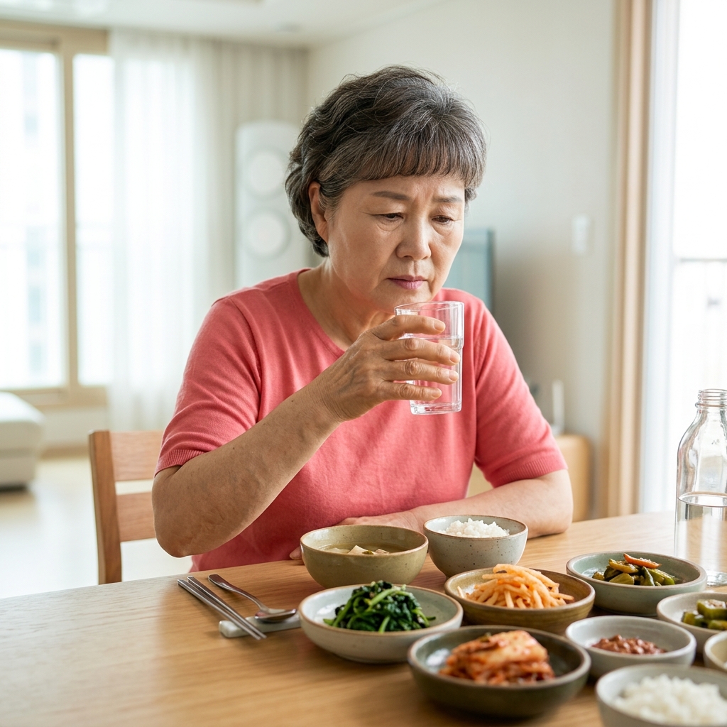 식탁 위에 물병과 채소 반찬이 놓인 식사 장면, 연령대 높은 손이 물잔을 천천히 들어올리는 모습, 밝은 실내