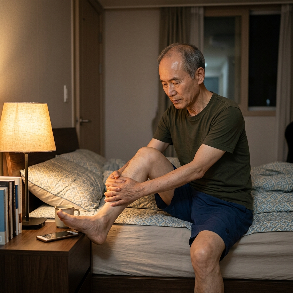 침대 옆 탁자에 따뜻한 조명의 스탠드만 켜진 상태로 60대 후반 남성이 침대에 앉아 가벼운 스트레칭 자세를 취하고 있는 모습