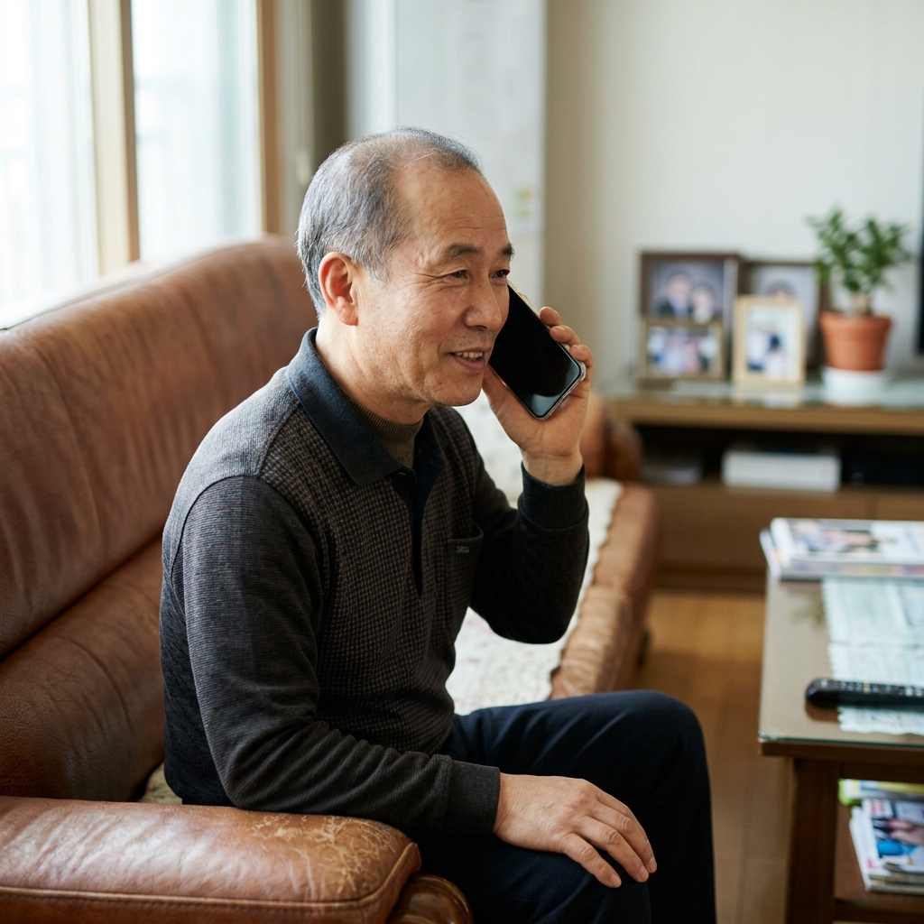 거실 소파에 앉아 휴대전화를 든 65세 남성이 가족에게 전화를 거는 모습