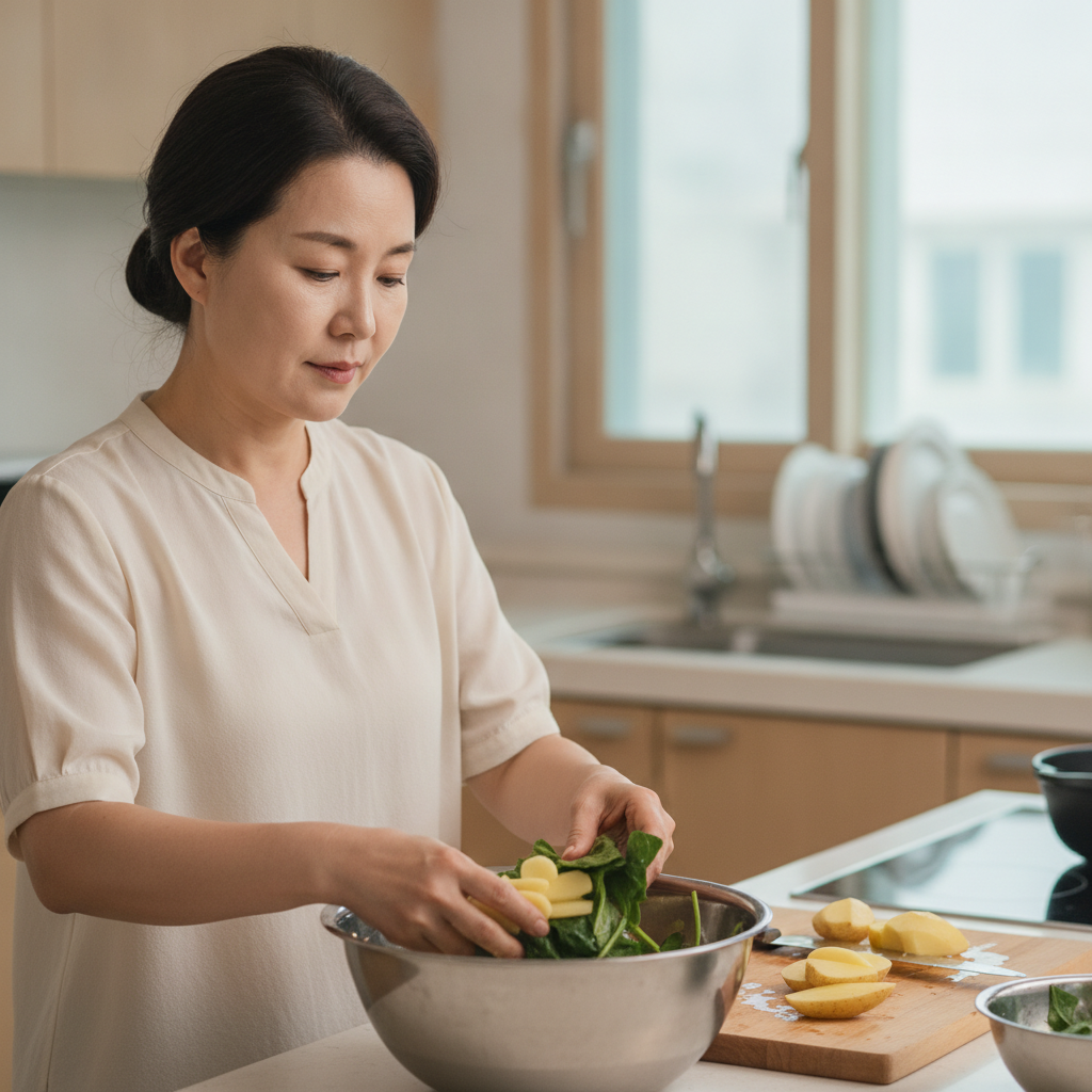 중년 여성이 주방에서 감자와 시금치를 물에 담가 칼륨을 줄이는 조리 과정, 밝은 색 반팔 블라우스