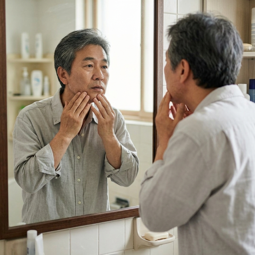 거울 앞에서 양손으로 턱 주변을 가볍게 눌러 확인하는 중년 남성, 얇은 면 셔츠 착용
