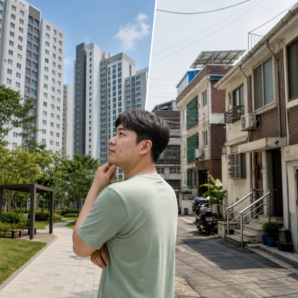 신축 행복주택 단지와 기존 빌라형 매입임대주택을 비교하는 장면