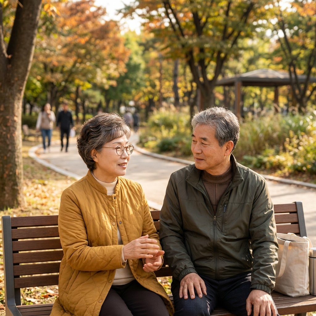 공원 벤치에 앉아 이야기를 나누는 60대 남녀, 긴팔 겉옷, 따스한 햇빛