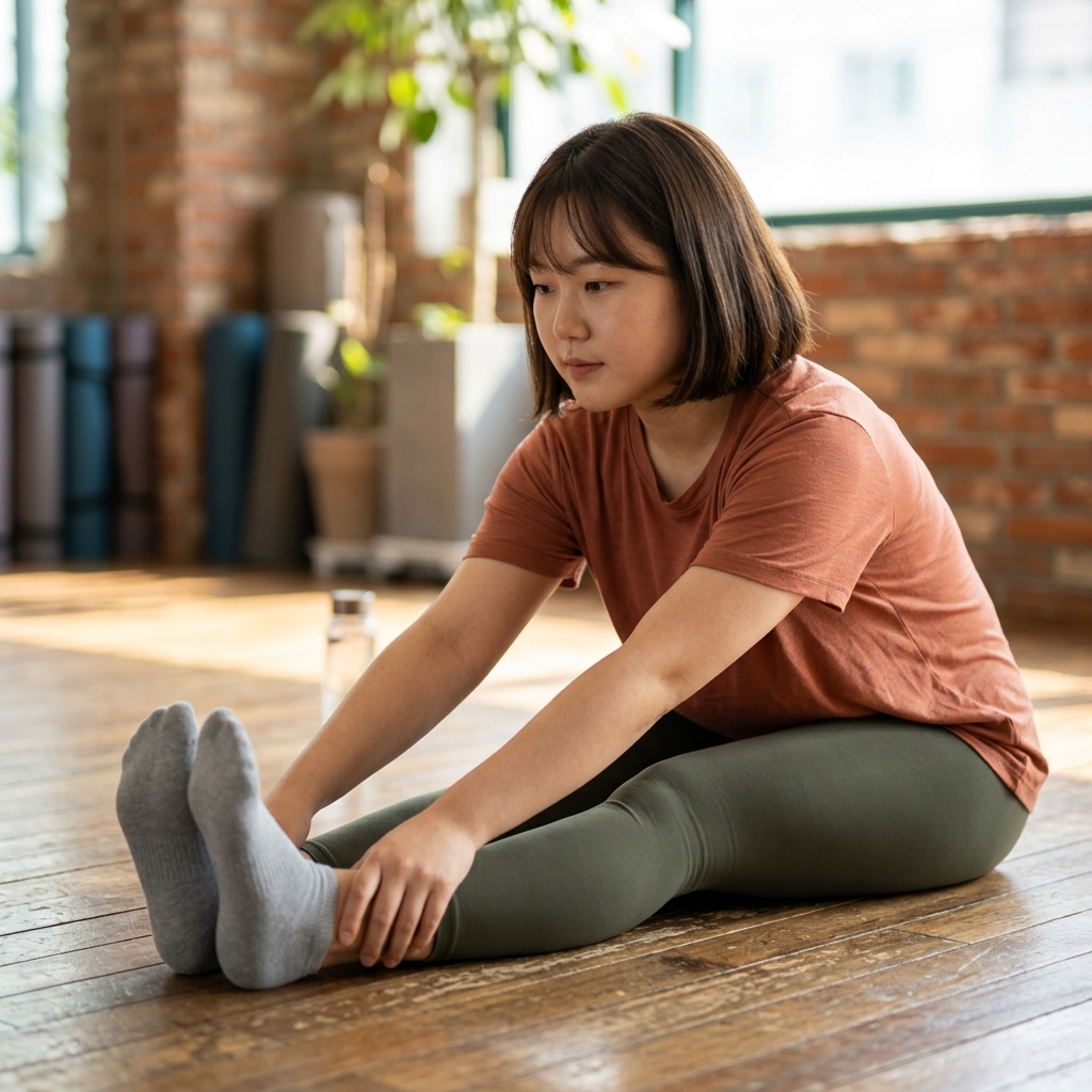 평평한 바닥에 앉아 다리를 뻗고 발끝을 당기는 스트레칭 자세
