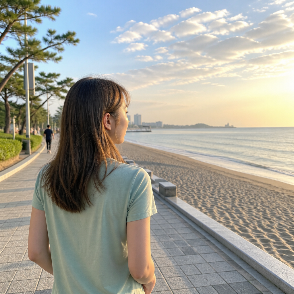 경포해변 아침 산책로와 해변가 풍경