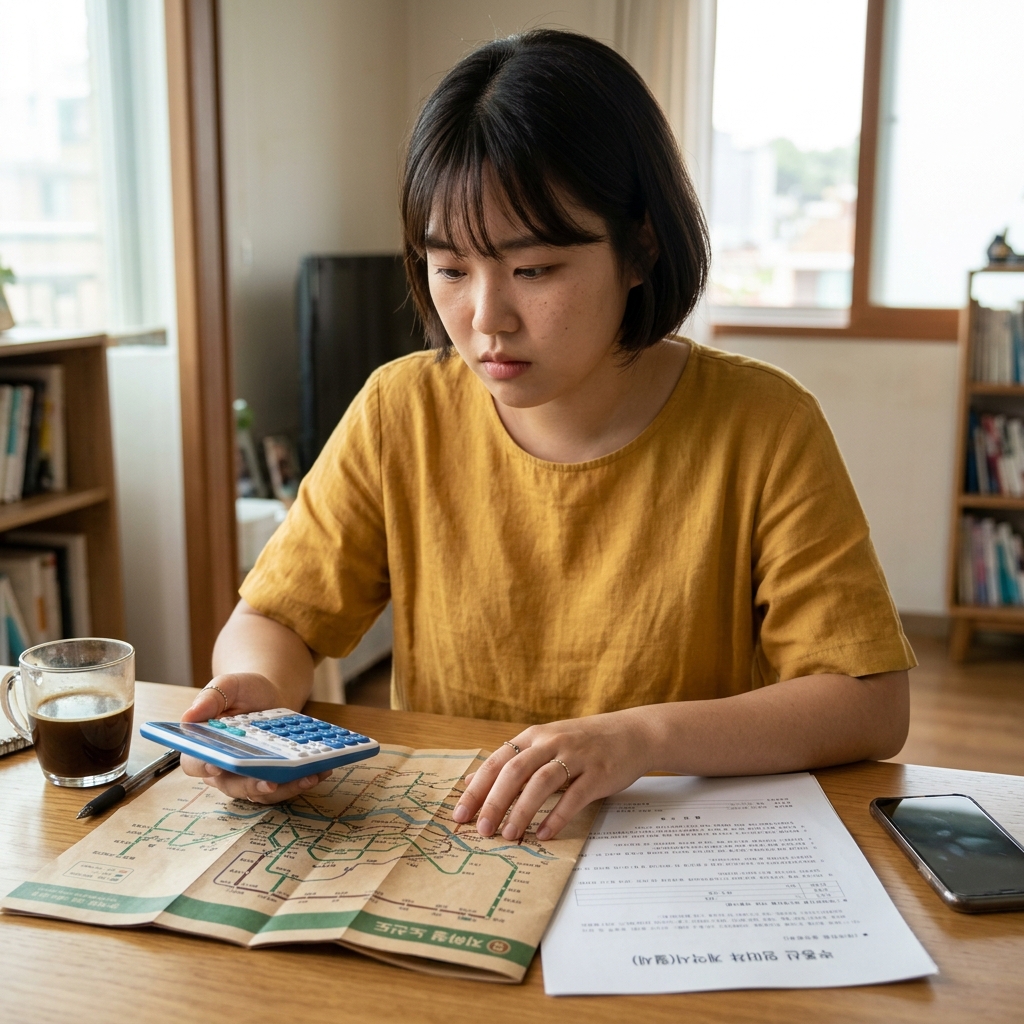책상 위에 놓인 계산기와 월세 계약서, 지하철 노선도를 펼쳐놓고 비교하는 장면