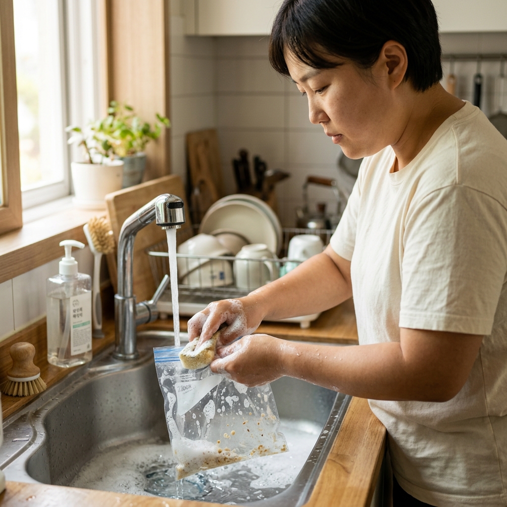 건조식품을 담았던 투명한 지퍼백을 중성세제로 씻고 있는 손