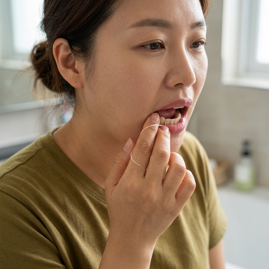 치실을 치아 옆면을 따라 부드럽게 넣는 올바른 사용법을 보여주는 클로즈업 장면, 손가락과 치실의 움직임이 자연스럽게 드러나는 구도