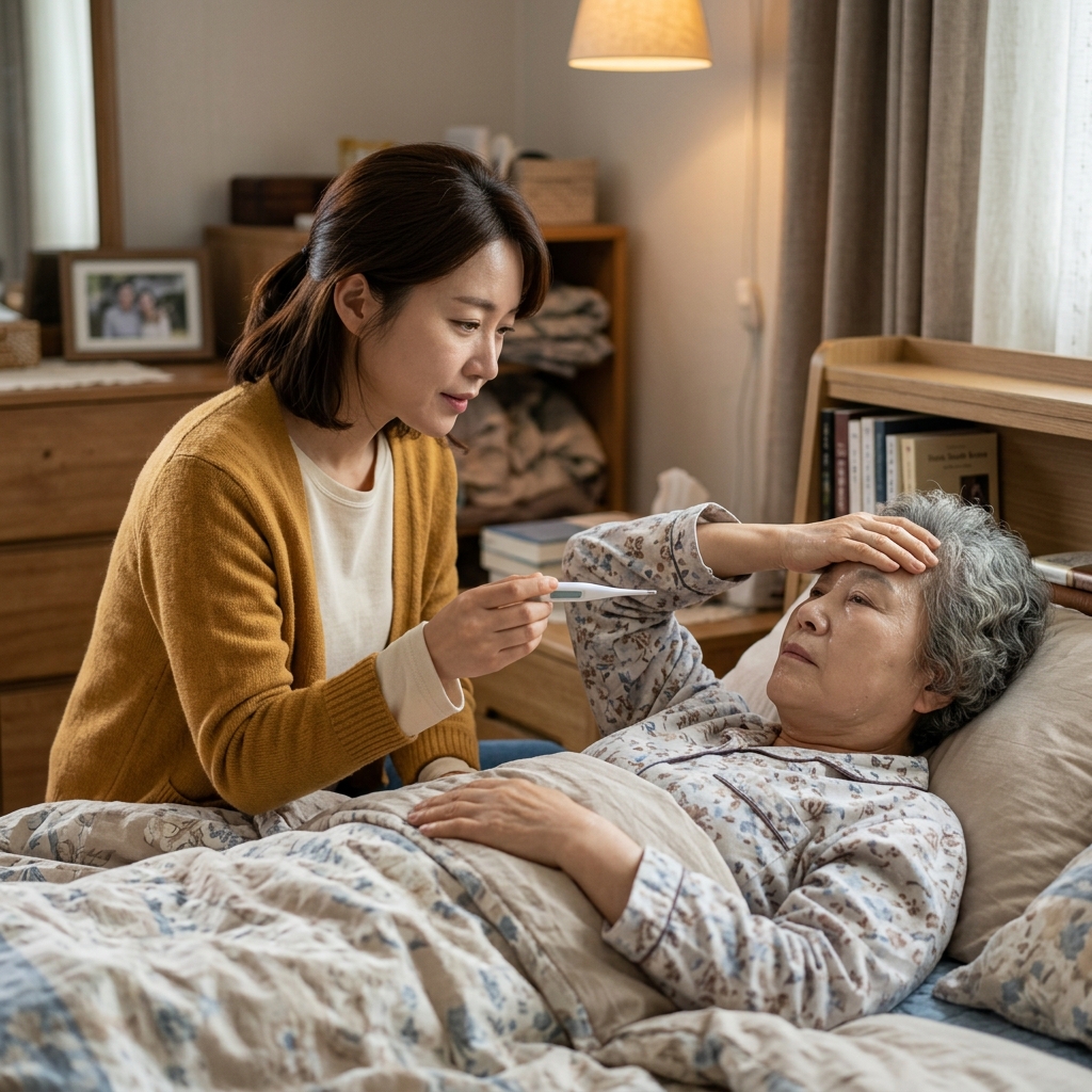 70대 여성이 침대에 누워 이마에 손을 얹고 있고, 옆에서 보호자가 체온계를 들고 있는 장면