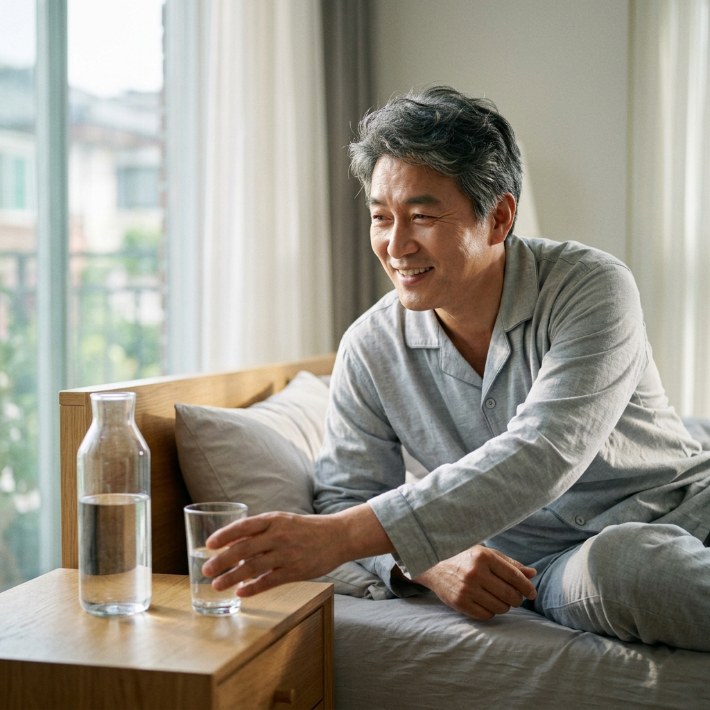 침대 옆 탁자에 놓인 물병과 함께 아침에 개운하게 일어나는 50대 남성의 모습