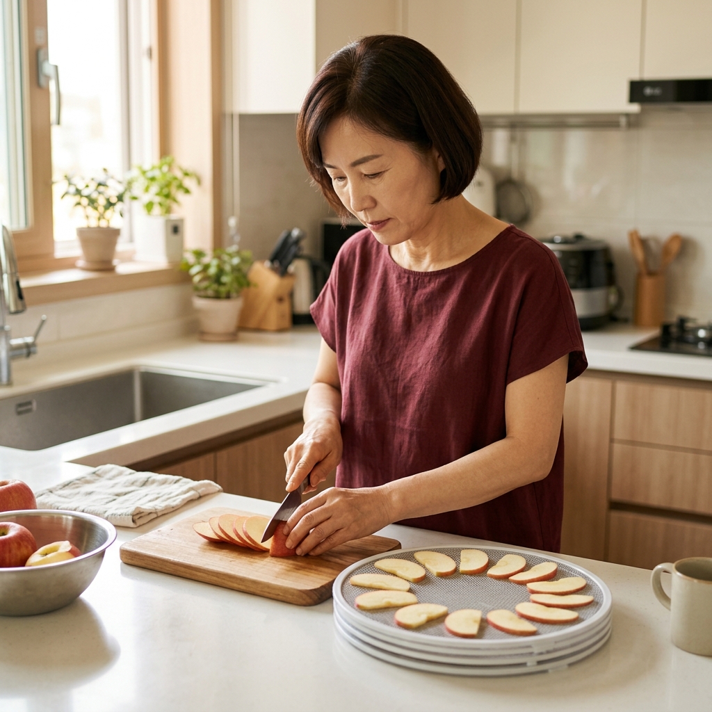60대 초반 남성이 주방 조리대에서 사과를 얇게 썰어 건조망에 펼쳐 놓는 장면, 밝은 색 반팔 셔츠 차림