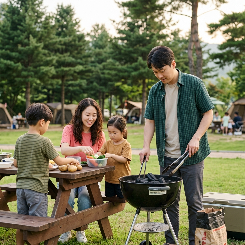 캠핑장에서 빌린 장비로 바비큐를 준비하는 가족의 모습