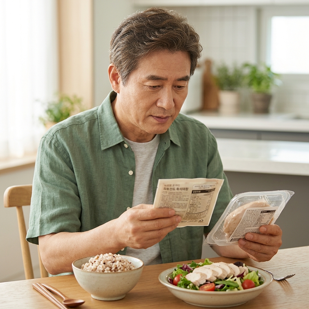60대 초반 남성이 식탁에서 통곡물 밥과 닭가슴살이 얹어진 샐러드를 각각 한 그릇씩 앞에 두고 영양 성분표를 비교하며 살펴보는 장면, 실내 조명 아래 밝은 분위기