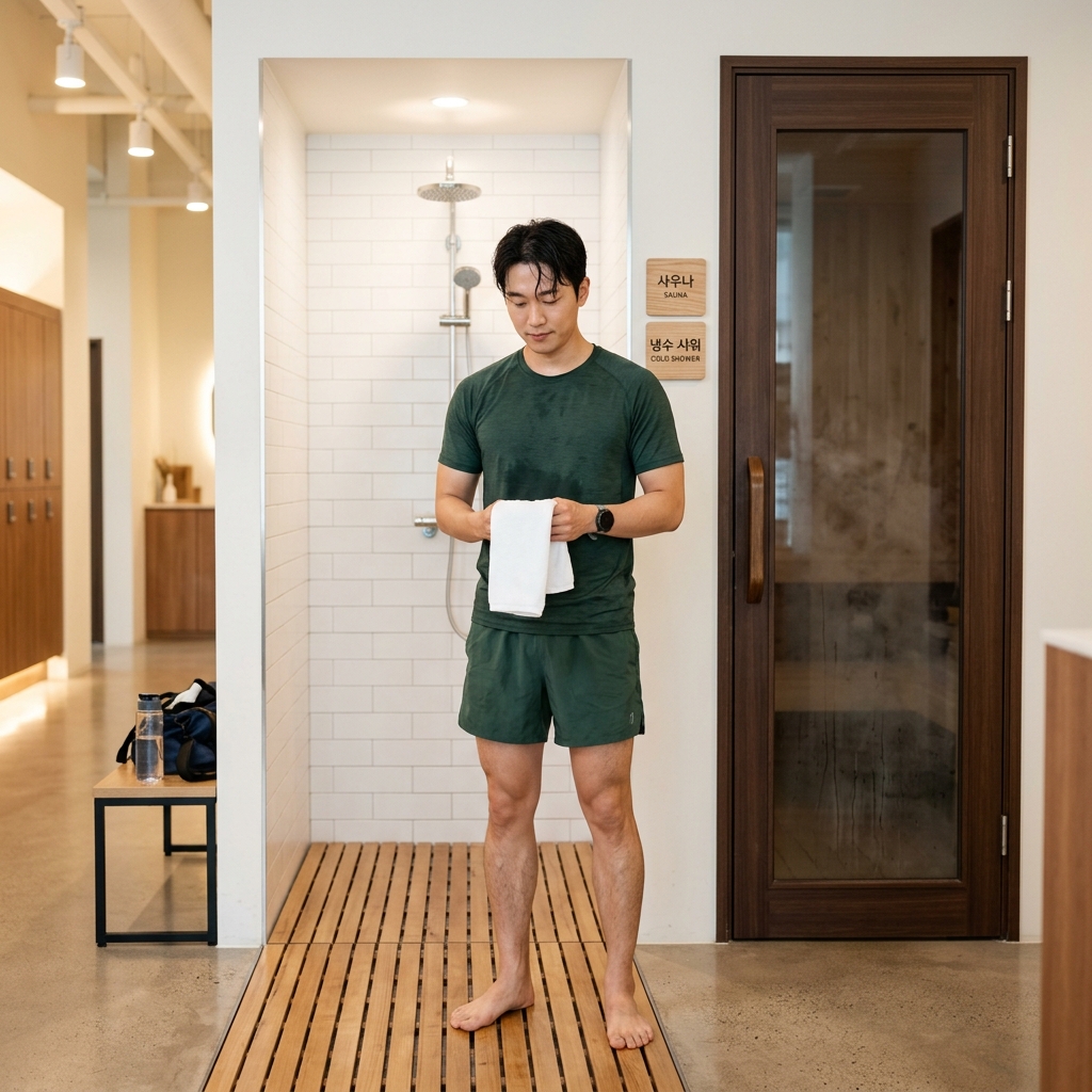 운동복 차림으로 사우나 이용 후 냉수 샤워 공간 앞에 서 있는 20대 후반 남성, 밝은 조명의 깨끗한 개인 사우나 룸