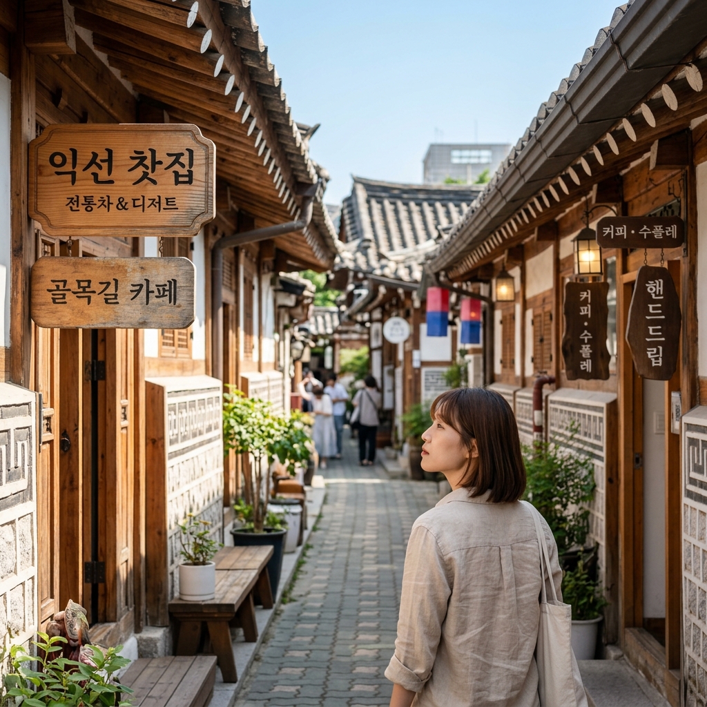 낮 시간 익선동 한옥 골목길과 카페 간판들