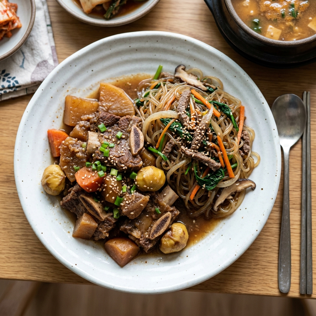 갈비찜과 잡채가 담긴 접시를 위에서 내려다본 모습